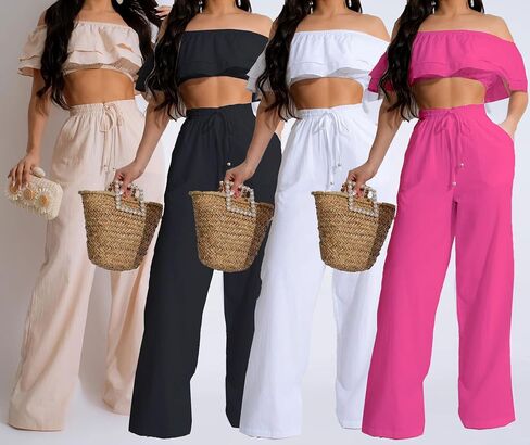 Ecirod Womens Summer Disual 2 قطعة من القطاعين مثير قبالة كتف محصول أعلى سروال عريض الساق عريض in Kuwait