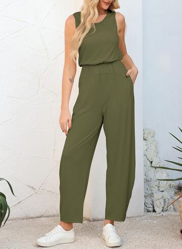 Happy Sailed Womens Jumpsuit Casual Crew Neck Sleeveless Jumpsuits High Waist Long Pant Rompers with Pockets in Saudi Arabia