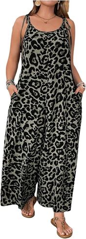 Oyoangle Women's Plus Leopard Tie Tie Tie Containtits Bants Long Bants Romper مع جيب in Saudi Arabia