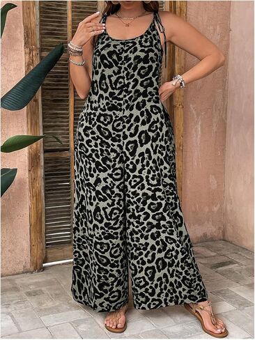 Oyoangle Women's Plus Leopard Tie Tie Tie Containtits Bants Long Bants Romper مع جيب in Saudi Arabia