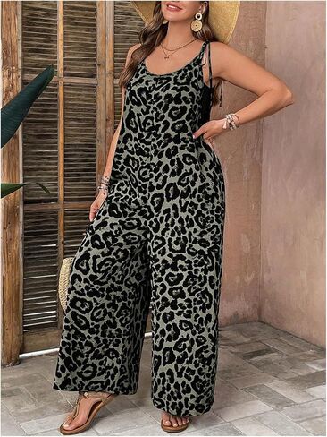 Oyoangle Women's Plus Leopard Tie Tie Tie Containtits Bants Long Bants Romper مع جيب in Saudi Arabia