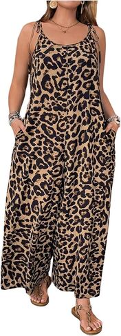 Oyoangle Women's Plus Leopard Tie Tie Tie Containtits Bants Long Bants Romper مع جيب in Kuwait