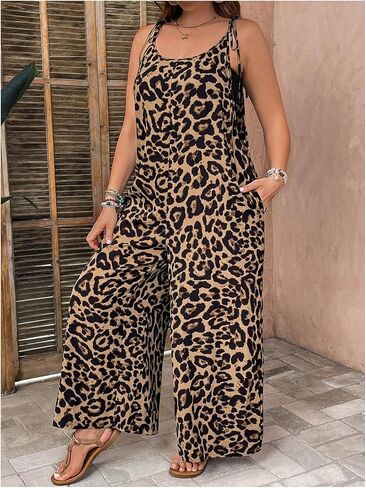 Oyoangle Women's Plus Leopard Tie Tie Tie Containtits Bants Long Bants Romper مع جيب in Kuwait