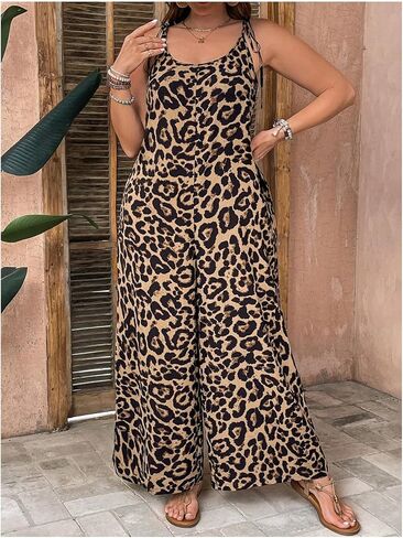 Oyoangle Women's Plus Leopard Tie Tie Tie Containtits Bants Long Bants Romper مع جيب in Kuwait