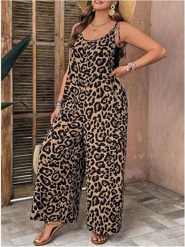 Oyoangle Women's Plus Leopard Tie Tie Tie Containtits Bants Long Bants Romper مع جيب in Kuwait