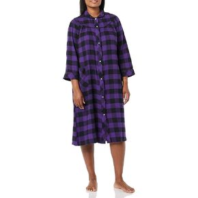 AmeriMark Women's Flannel Calf Length Snap Front Duster House Coat – Plush Bath Robe – Loose Plaid Bathrobe ¾ Sleeves