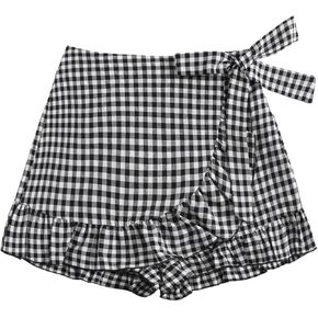 MakeMeChic Women's Plaid Gingham Elastic Waist Ruffle Trim Wrap Tie Side Summer Shorts