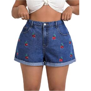 MakeMeChic Women's Plus Size Denim Shorts Cherry Embroidery Wide Leg Summer Jean Shorts