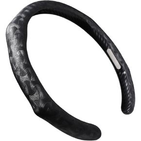 Quick Install Sporty Suede Leather Steering Wheel Cover Wrap with Red Top Trim Universal fit Any 14 ½" to 15" Car SUV Pickup Steering Wheel