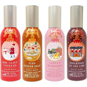 مجموعة أعياد البخاخات غرفة مركزة بواسطة Bath + Body Works/White Barn - حزمة من 4 - كوكتيل السيدة Claus ، والزنجبيل المثلج ، وورشة عمل Santa ، وجوارب من النار