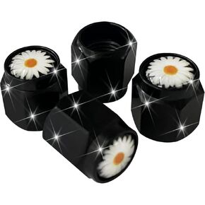 4 Pcs Daisy Flower Tire Valve Stem Caps Cover, Metal Black Air Valve Cap, Aluminum Car Wheel Stem Caps, Universal Stem Covers for Cars, Trucks, Motorcycles, Corrosion Resistant Tire Valve Stem Caps