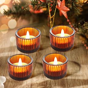 حاملي شموع نذري Joyit Amber مجموعة كبيرة من 4 ، حامل شموع Tealight لحضور الزفاف المركزية ، حاملي شموع صغيرة من الزجاج لحفلة عيد الميلاد ، عيد الحب ، ديكور المنزل (2'x 1.4 '')