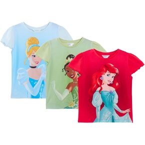 Disney Girls 3 Pack Princess T-Shirts Kids Ariel The Little Mermaid, Tiana and Cinderella Dress Up Top Short Sleeve Tees