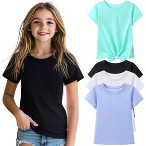 HILEELANG 4 Packs Girls Shirts Summer Short Sleeve Cotton Soft Plain Solid Pure Color Tops Tee Basic Shirts