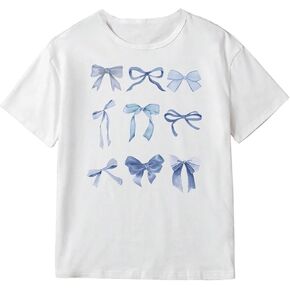 OYOANGLE Girl's Bow Graphic Print Tee Shirt Crew Neck Short Sleeve Cute Casual Tee Tops