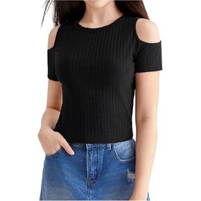 WDIRARA GIRL'S كتف بارد قصير الأكمام T Shirt Crew الرقبة مضلعة متماسكة قمم TEE