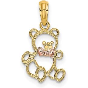 JewelryWeb 10mm 14k Two tone Gold Teddy Bear With Pink Bow Tie Cut out Charm Pendant Necklace for Women