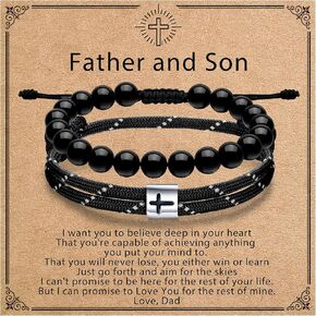 مجموعة سوار J.Endéar Men's Cross Obsidian Bead ، أساور حبل قابلة للتعديل مصنوعة يدويًا للمعمودية ، الهدايا الدينية المسيحية عيد ميلاده (7 "-9")