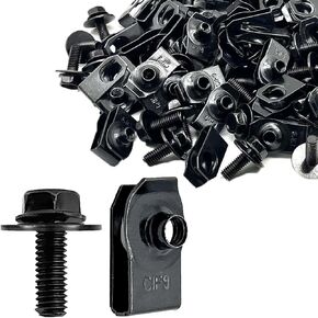 100 Pcs M6-1.0 Body Bolts and U Nuts Kits, Bumper Fender Liner Push Pull Metal Rust-Resistant U Retainer, Universal for Most Cars Fastening Accessories, Steel, Black