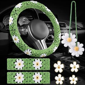 Frienda 8 Pcs Crochet Car Accessories Set Handmade Crochet Steering Wheel Cover 2 Pcs Belt Cover Hanging Cute Plants 4 Pcs Air Vent Clip for Women Men Ladies Car Inter Decorations (Daisy)