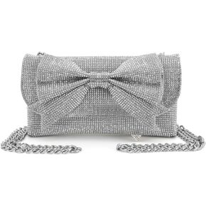 Womens Evening Bag Sparkling Bow Clutch Purses, Crystal Bow Flap Clutch Purse for Women, Women Evening Handbag Glitter Rhinestone Party Purses for Dinner Party Prom Wedding Cocktail, Silver