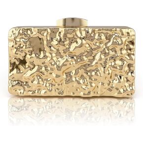 Golden Metal Clutch Evening Bag with Water Ripple Design, Solid Color with Buckle Closure, Chain Strap Messenger, Polyester Lining, Luxury Reflective Wave Pattern for Parties, Weddings