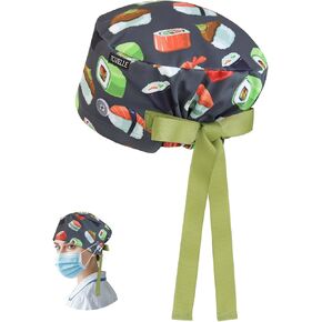 Sushi Printed Scrub Caps for Women and Men with Buttons and Ribbon, Euro Style Working Hat, Adjustable Head Cover for Long or Short Hair