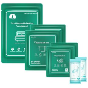 Disposable Bed Sheets for Hotel, Travelling Essentials with 2 Disposable Bath Towels 2 Disposable Face Towels and 4 Pcs Disposable Bed Sheets Set, Disposable Washcloths for Travel Hotel Essentials