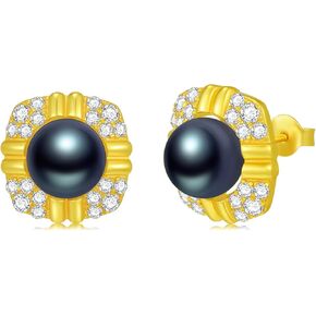 Silver 9-10MM Tahitian Black Pearl Earring Studs for Her,Sterling Silver Peacock Green Black Tahitian Pearl Vintage Earring Studs for Women Wife Ladies,S925 Silver 18K Yellow Gold Plated