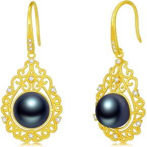 Real Sterling Silver Tahitian Black Pearl Hoop Earrings for Her, S925 Silver 9-10MM Moissanite Chandelier Dangle Earrings for Women Mom Ladies Valentines Day Mothers Day, 18K Gold Plated