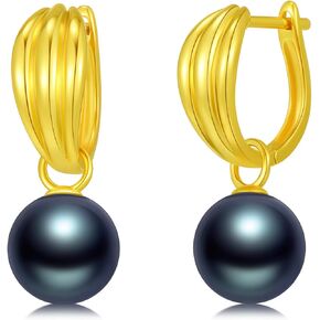 Real Sterling Silver Tahitian Black Pearl Hoop Earrings for Her, S925 Silver 9-10MM Black Pearl Dangle Earrings for Women Mom Ladies Valentines Day Mothers Day, 18K Gold Plated