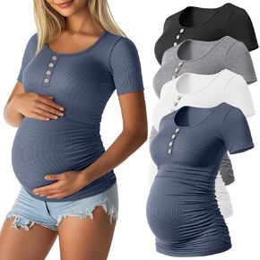 4 Pack Womens Maternity Shirts Scoop Neck Cotton Short Sleeve Ribbed Pregnancy Top Henley Side Ruched Mama Clothes
