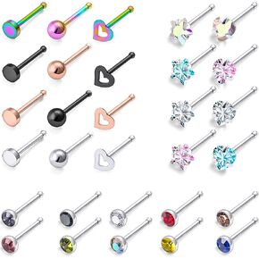 20g Straight/L/Corkscrew Shaped Nose Rings Studs Piercings Jewelry for Women Men Surgical Steel Heart Star Hypoallergenic Nostril