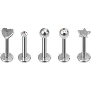 5Pcs 16G Stainless Steel Lip Rings Cartilage Stud Earrings Star Heart Round CZ Lip Studs Conch Helix Tragus Studs Earrings Medusa Piercing Jewelry for Women