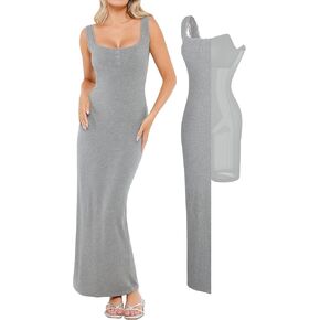 Popilush Shapewear Tank Dress Summer Maxi Dress Built-in Bra Square Neck Lace Trim Going Out Vacation Dresses for Women