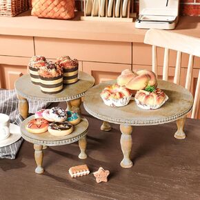 Thyle Rustic Round Wood Tray Riser Set of 3 Wooden Beaded Cupcake Pedestal Stand Round Farmhouse Wood Cake Holder Multiple Sizes Dessert Stands for Wedding Birthday Decor Height 7" 9.5" 12"(White)