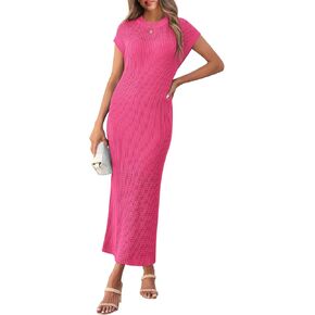 Yousify Womens Ribbed Knit Dress 2025 Trendy Casual Cap Sleeve Crewneck Maxi Dresses S-XXL