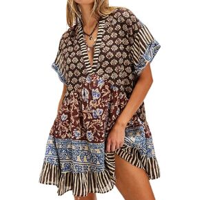 Women Bohemian Floral Mini Dress Y2K Babydoll V Neck Short Dress Loose Fit Patchwork Dress Beach