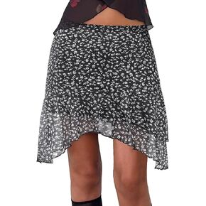 Avanova Women Mesh Asymmetrical Mini Skirt Tiered Ruffle High Waisted Short Skirt