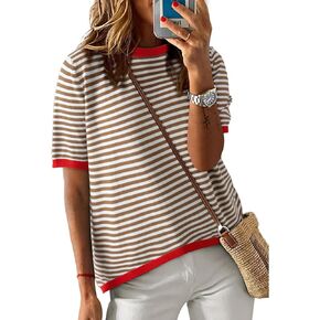 Striped T Shirts for Women Casual Crewneck Short Sleeve Color Block Loose fit Tee Shirts Basic Tops Summer Spring