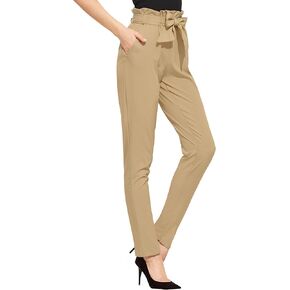 Hybrid & Company Women's Paper Bag Pants Casual Slim High Waist Pants with Bow Knot