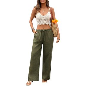 Women's Pure Linen Pants Wide Leg Loose Fit Drawstring 100% Linen Palazzo with Pockets