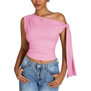 Milumia Women's Ruched Off One Shoulder Tops Y2K Asymmetrical Tie Shoulder Tank Top
