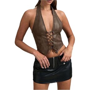 SOLY HUX Women's PU Leather Halter Top Lace Up Sleeveless Backless Y2k Crop Tank Tops