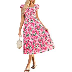 GRACE KARIN Women's Off Shoulder Floral Summer Ruffle Midi Sleeveless Boho Smocked Flowy Aline Dresses