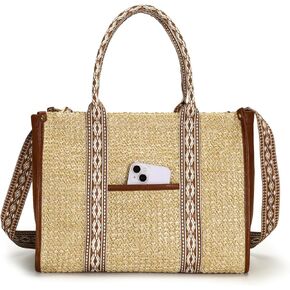 حقيبة حمل Herald Straw Beach للنساء ، Summer Boho المصنوعة يدويًا محفظة الكتف Handabg مع حزام عريض قابل للتعديل
