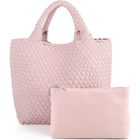 Women's Vegan Leather Tote Bag – Handmade Woven Beach Bag, Travel Handbag with Purse & Top Handle Hobo Tote