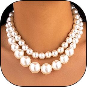 2Pcs Large Pearl Necklaces for Women Layered Chunky Pearl Choker Necklaces Set Exaggerated Big Statement Necklaces Trendy Jewelry Accessory Gifts