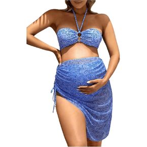 SHENHE Women's Maternity Swimsuits 3 Piece High Waisted Halter Bandeau Bikini Set with Cover Up