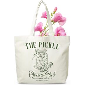 Pickles Canvas Tote Bag, Pickle Jar Grocery Bag, Farmers Market Tote, Pickle Beach Bag Gifts For Women Pickle Lovers Friends Family, Funny Spring Summer Party Reusable Shopping Bag, 08